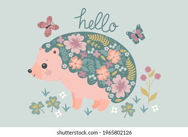 Postcard with a blooming hedgehog with the inscription hello. Vector graphics.