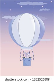 Postkarte mit einem blauen Ballon und ein Geschenk im Himmel zwischen den Sternen und Wolken bei Sonnenuntergang. Vektorgrafik