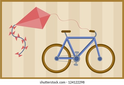 postcard blue bicycle and red kite on striped brown background