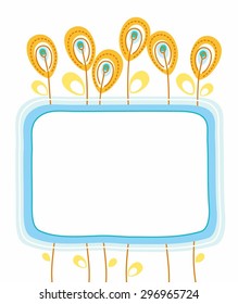 Postcard, blue frame, orange flowers, seeds, berries, white background. Greeting card with blue frame for text and orange flowers.  