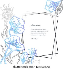 Postcard with blue and gray flowers and leaves