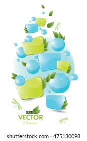 Postcard - Blue and green geometric form with green leaves and dragonfly, vector illustration, eps-10