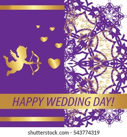 Postcard. Blue patterns on a blue background. A heart  and a golden Cupid. The words "Happy wedding day!"
