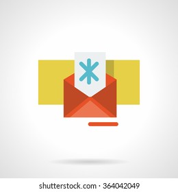 Postcard with blue snowflake in a red envelope. Winter greetings, holidays time. Flat color style vector icon. Element for web design, business, mobile app.