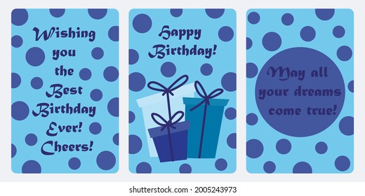 Postkarte in blauen Tönen mit Polka-Punkten. Geburtstagskarte für einen Typen mit unterschiedlichen Wünschen auf einem Hintergrund von Polka-Punkten. Auf der Karte sind verpackte Geschenke. 