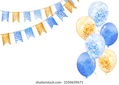 Postcard with blue and yellow balloons. Vector watercolor frame for invitations, holidays, birthday.