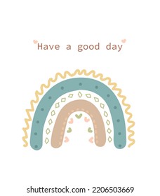 Postcard in boho style with a wish for a good day. Hand-drawn rainbow in boho colors for printing on a postcard, poster, t-shirt.

