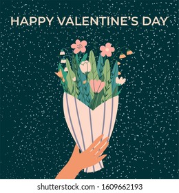 Postcard with bouquet of flowers. Hand holding flowers. Happy Valentine's day written at the top of the postcard. Concept of Valentine's Day, love, relationship. Flat vector illustration