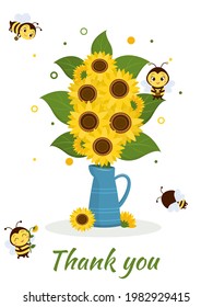 Postcard bouquet of sunflowers in a blue jug and four cute bees on a white background. Vector illustration, cartoon style.