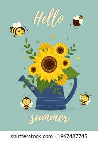 Postcard bouquet of sunflowers in a blue watering can and four cute bees on a green background. Vector illustration, cartoon style