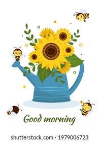 Postcard bouquet of sunflowers in a blue watering can and four cute bees on a white background. Vector illustration, cartoon style