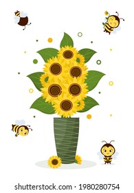 Postcard bouquet of sunflowers in a green vase and four cute bees on a white background. Vector illustration, cartoon style