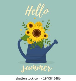 Postcard bouquet of sunflowers and leaves in a blue garden watering can against the green background . Hello Summer. Vector.