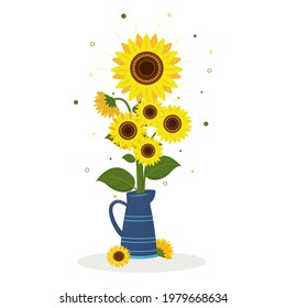 Postcard bouquet of sunflowers and leaves in a jug for flowers on a white background. Vector illustration