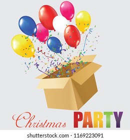 Postcard, box and camphy with balls. Days of birth and new year. Your any holiday. Vector illustration