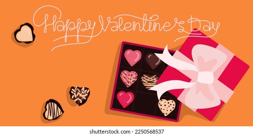 A postcard with a box of chocolates for Valentine's Day. A box of chocolates with text. Printing on paper. postcard, banner for the holiday of all lovers