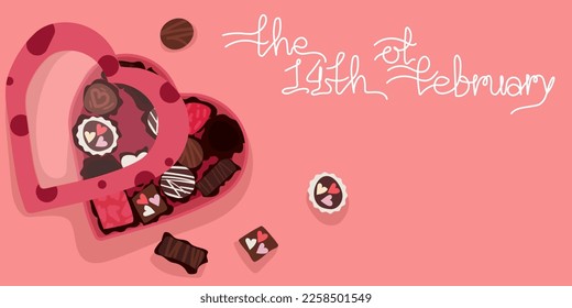 A postcard with a box of chocolates for Valentine's Day. A box of chocolates with text. Printing on paper. postcard, banner for the holiday of all lovers