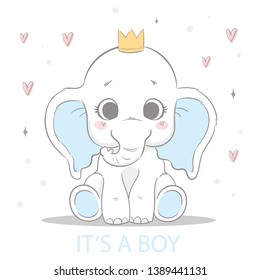 Postcard it's a boy with a cute elephant. Dots and hearts on the background.
