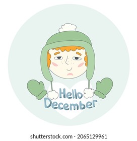  A postcard with a boy. Lettering "Hello December". A red-haired guy in a green hat with mittens. Printing of postcards, posters, banners. Greeting card template. Flat vector character illustration.