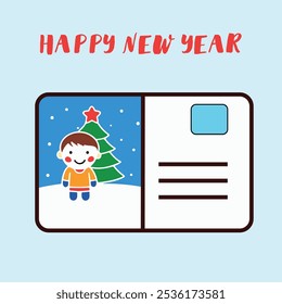A postcard with a boy and a tree on it. The postcard is titled Happy New Year