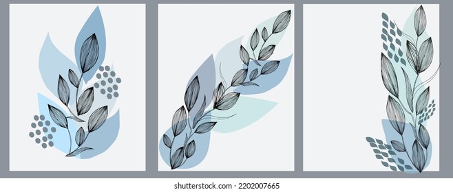 Postcard branch with flowers and leaves on a winter background. Can be used as a card or invitation with space for text, or as backgrounds. Contour handwork. For invitations, postcards, internet