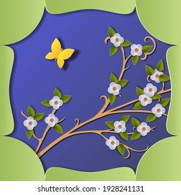 Postcard with a branch and flowers on a blue background in the style of cut paper.