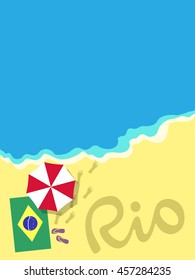 Postcard Brazilian beach in a flat style. Brazilian Summer Games 2016 background. Brazilian Flag and beach umbrella. Vector EPS 10