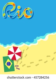 Postcard Brazilian beach in a flat style. Brazilian Summer Games 2016 background. Brazilian Flag and beach umbrella. Vector EPS 10