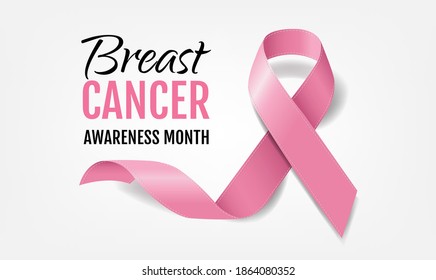 Postcard Breast Cancer Awareness With Realistic Pink Ribbon With Gradient Mesh, Vector Illustration