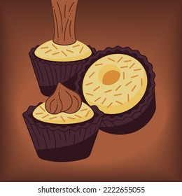 Postcard with Brigadeiro sweets. Postcard with three Brazilian sweets. Cartoon vector illustration.