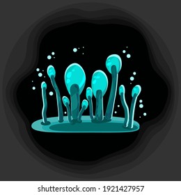 Postcard with bright blue fantastic mushrooms with glowing bubbles on a dark background. A vector illustration for magic lovers.