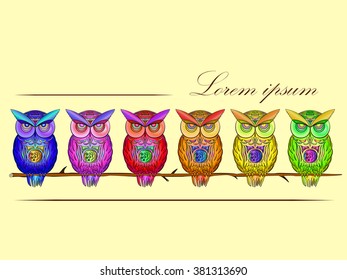 postcard with bright, colorful owls 