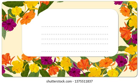 Postcard with a bright floral pattern. Botanical ornament with Mirabilis flowers of yellow and lilac color with green leaves. Copy space.