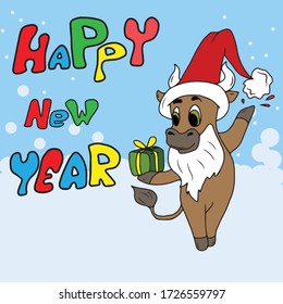 Postcard a Bull In a new year's hat with a beard holds a gift.Sticker, vector children's design for banners, postcards and social networks.Merry Christmas