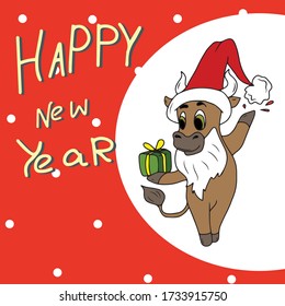 Postcard a Bull In a new year's hat with a beard holds a gift.Sticker, vector children's design for banners, postcards and social networks.Merry Christmas