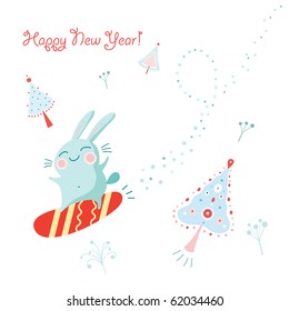 Postcard bunny on a snowboard