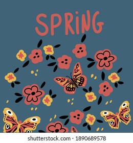 Postcard with butterflies and flowers. Cute moths and moths on a background of flowers. With lettering Spring.