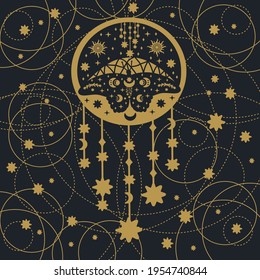 Postcard butterfly with golden doodle wings. Poster of Black butterflies in the form of dream catchers. Starry background of a magical postcard with insects. Vector illustration