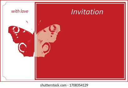 Postcard with butterfly. White and red Invitation template for text.