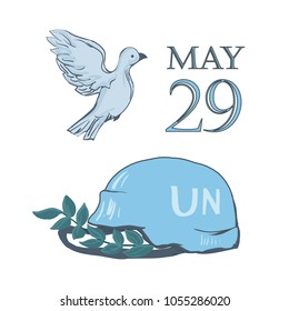 A postcard by May 29 is the international day of the United Nations of peacekeepers. Flying dove of peace, blue helmet of military defender and branch - isolated on white background