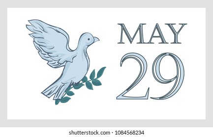 A postcard by May 29 is the international day of the United Nations of peacekeepers UN. Dove, pigeon with branch and text - isolated on white background. 