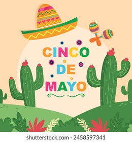 Postcard with cacti. Mexican hat. Cinco de Mayo holiday. Vector illustration