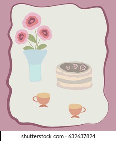 Postcard with cake, cups and roses. Vector. Drawing hand