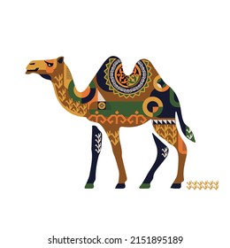 Postcard with a camel made of ornaments. Logo, silhouette, sign.