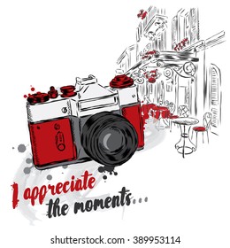 Postcard with a camera and a city street.