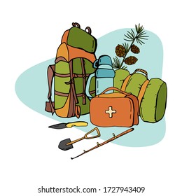 Postcard with camping elements - backpack, sleeping bag, first aid kit, thermos, shovel, knife, fishing rod, branch with a cone. Cartoon style. Stock illustration.