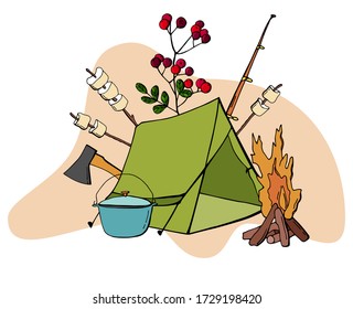 Postal con elementos de acampada - carpa, hoguera, sombrero de bolos, rama con malvaviscos, hacha, barra de pesca, rama con ceniza de montaña. Estilo de caricatura. Ilustración bursátil.