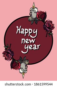 Postcard with candle, rose, bow, ribbon, tape, pink background, cartoon style, red, outline, border, sign, text, circle, round wreath, isolated, roses bud, card, greeting, congratulation, party, cute