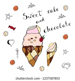  Postcard, card with ice cream, cream, chocolate and inscription with vignettes. Menu, Birthday present.