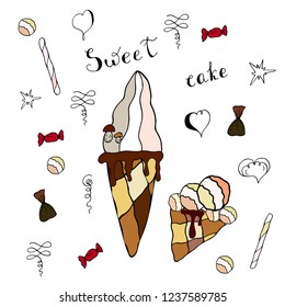  Postcard, card with ice cream, cream, chocolate and inscription with vignettes. Menu, Birthday present.